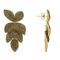 Gold-tone petal flower drop earrings with lever-back posts and green peridot CZ