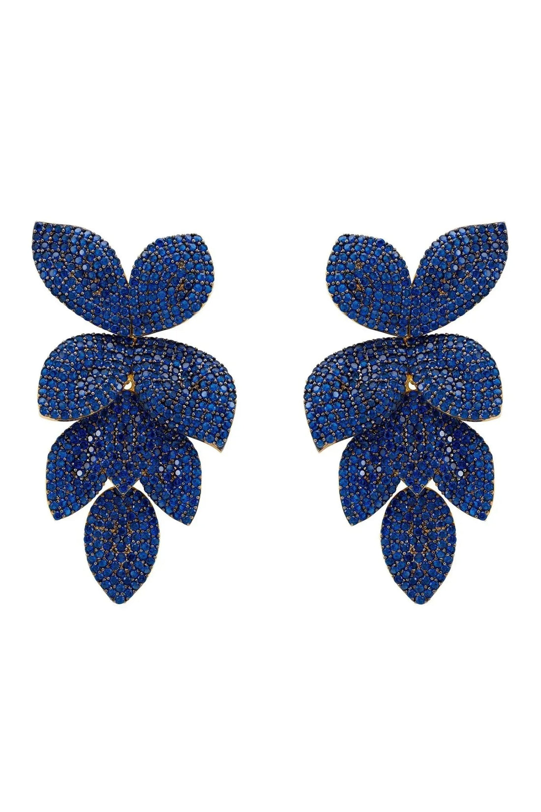 Blue rhinestone cascading flower earrings with gold-tone posts and sparkly petal drops