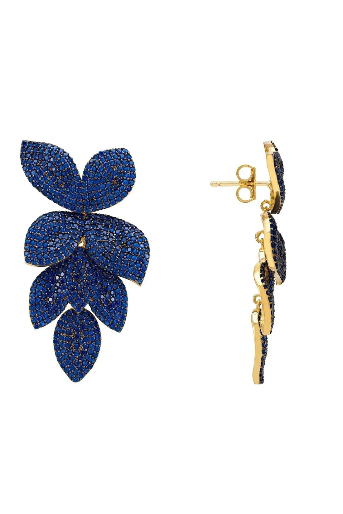 Blue cascading flower earrings with gold-tone post and visible butterfly back