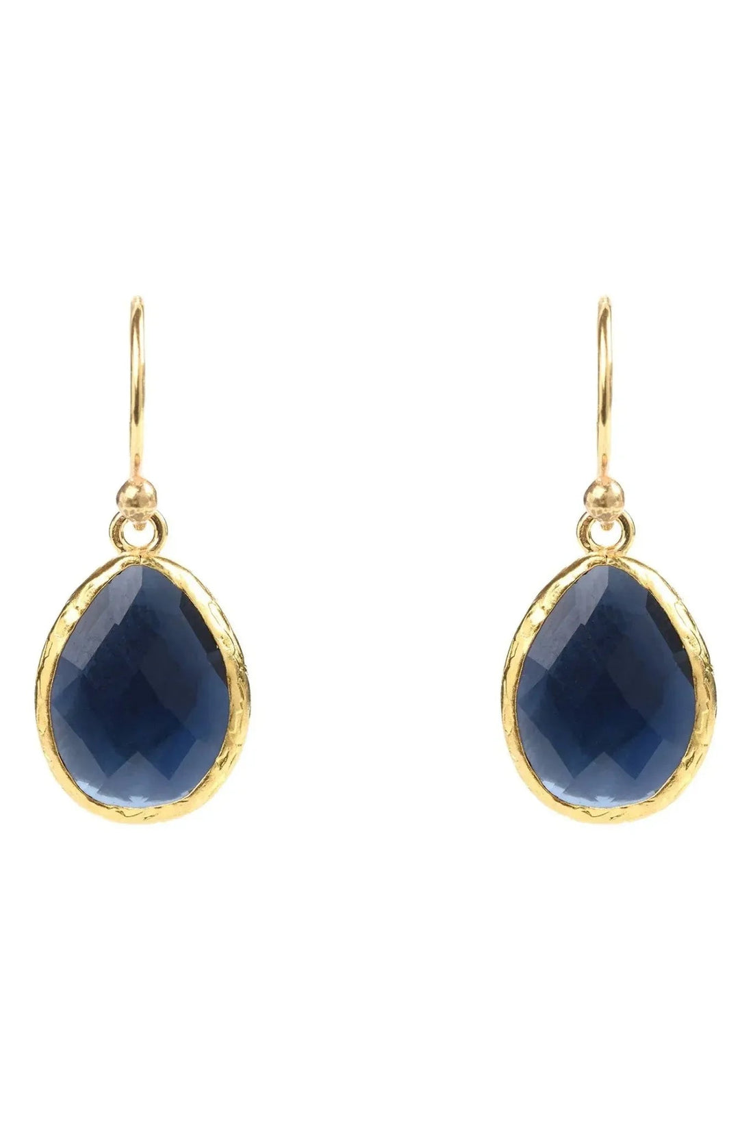 Gold drop earrings with dark blue teardrop faceted gemstone