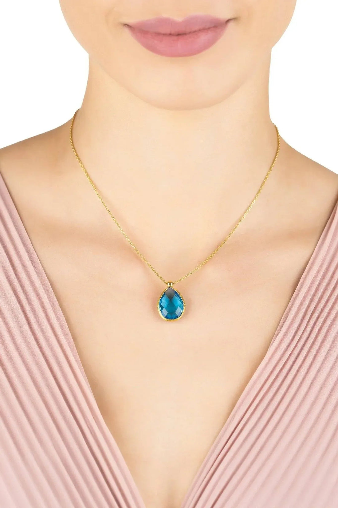Petite Drop Necklace Gold Blue Topaz Hydro-1