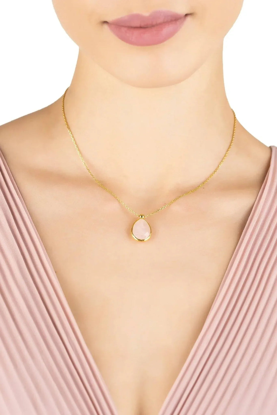 Petite Drop Necklace Gold Rose Quartz-1