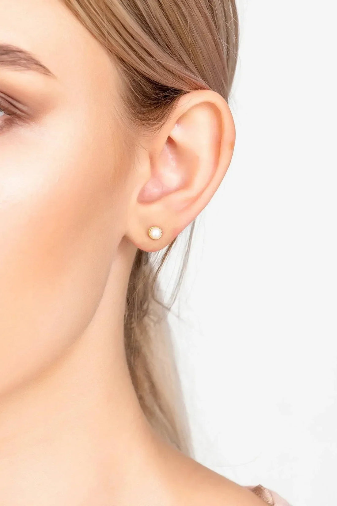 Petite Gemstone Earrings Gold White Pearl-1