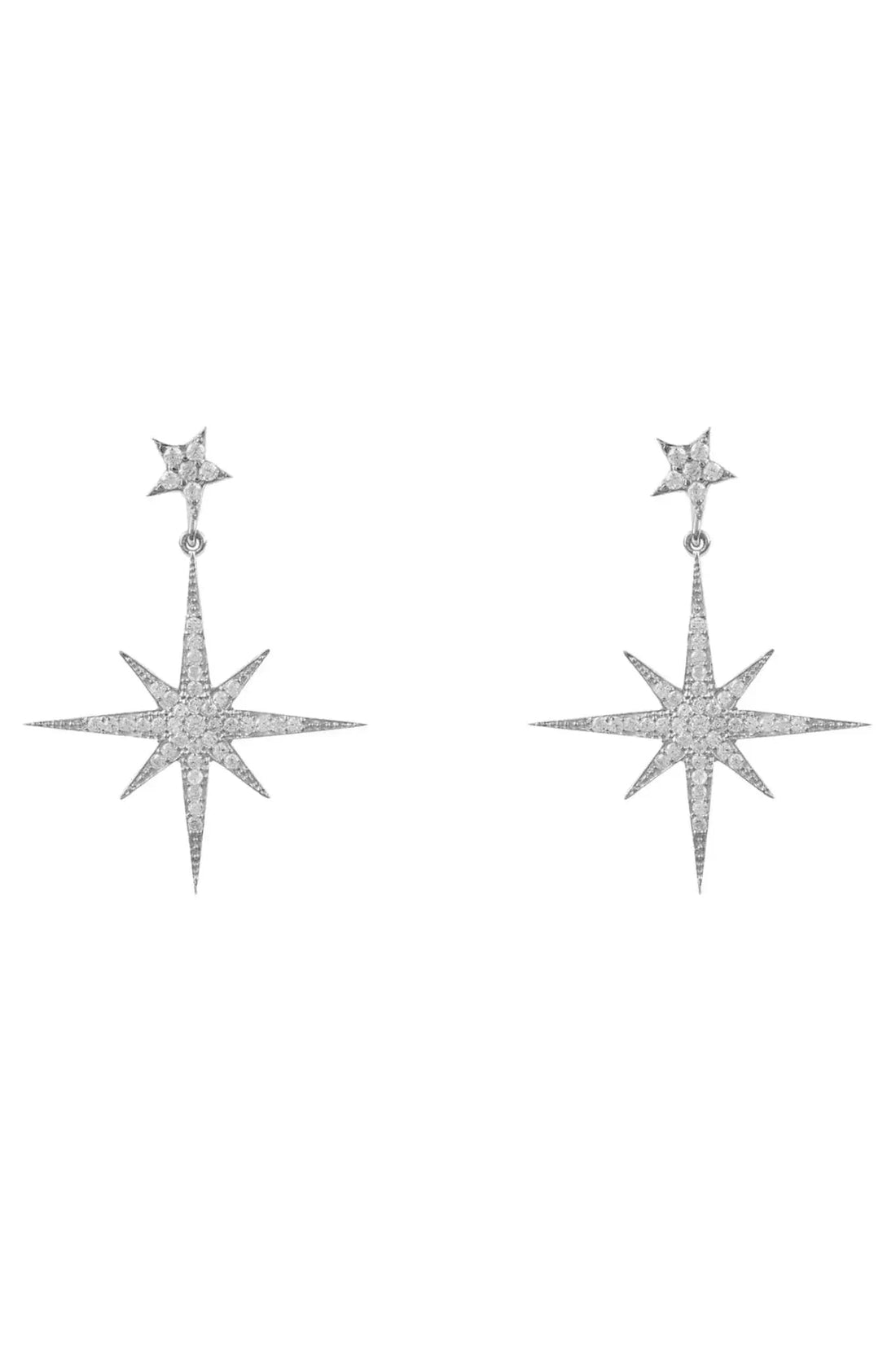 Silver starburst drop earrings with small dangling star and crystal detailing