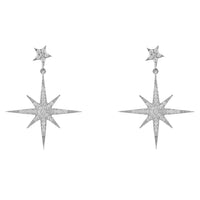 Silver starburst drop earrings with small dangling star and crystal detailing