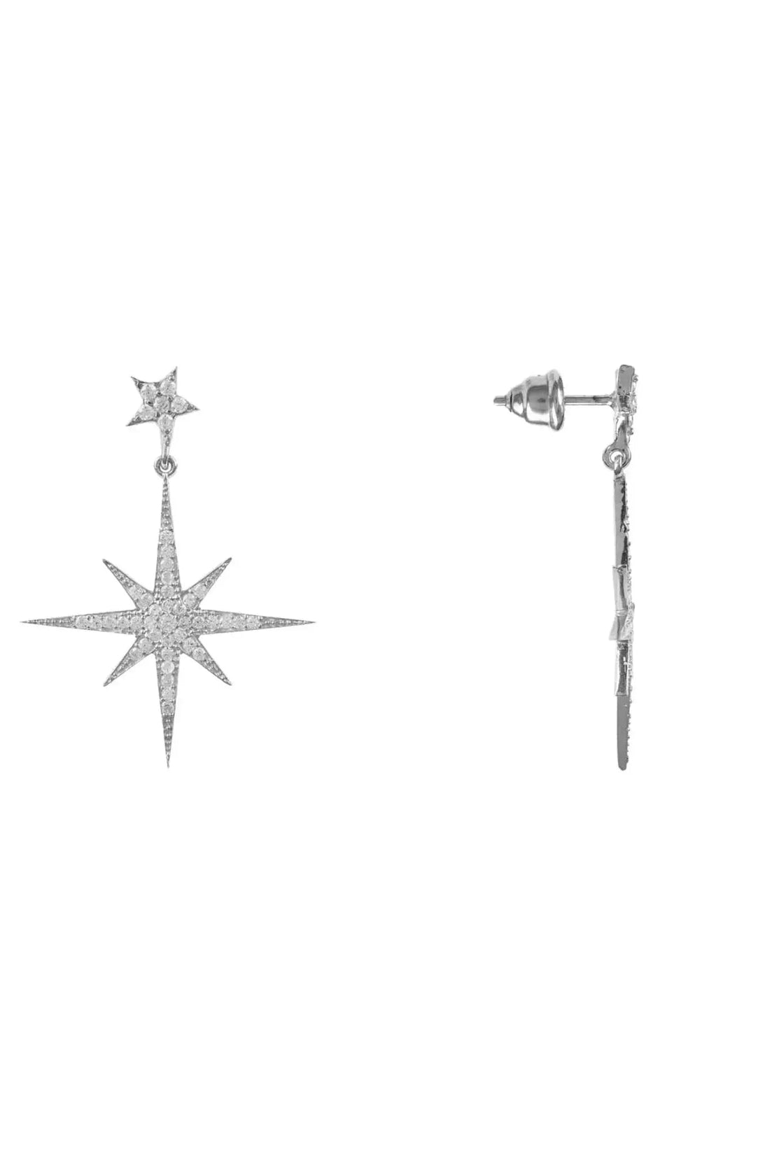Silver starburst drop earrings shown from the side with stud and dangling drop