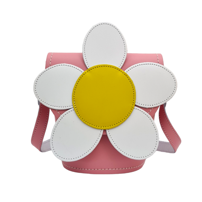 Pastel pink leather daisy barrel bag with white petals and yellow flower center