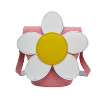 Pastel pink leather daisy barrel bag with white petals and yellow flower center