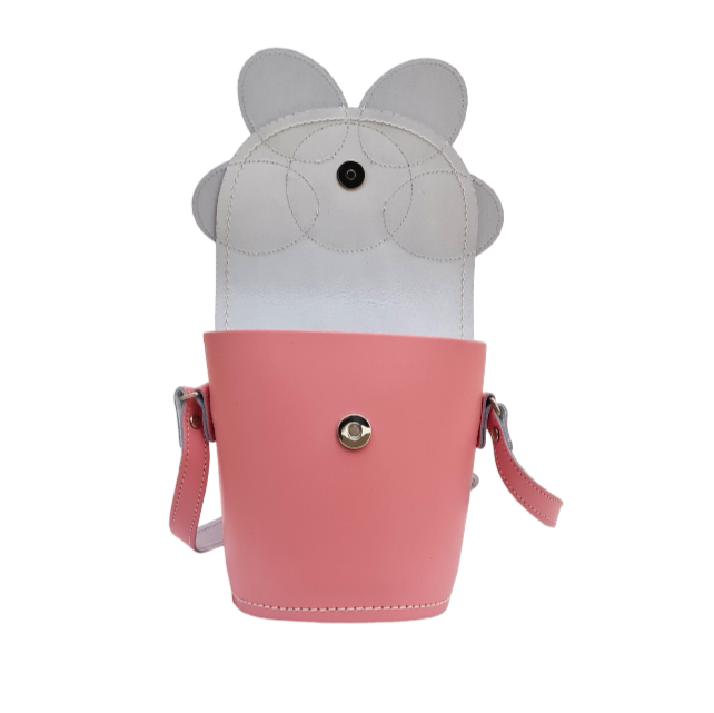Pastel pink leather daisy barrel bag back with snap button and side straps