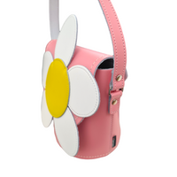 Pastel pink leather barrel bag with daisy detail and top handle strap