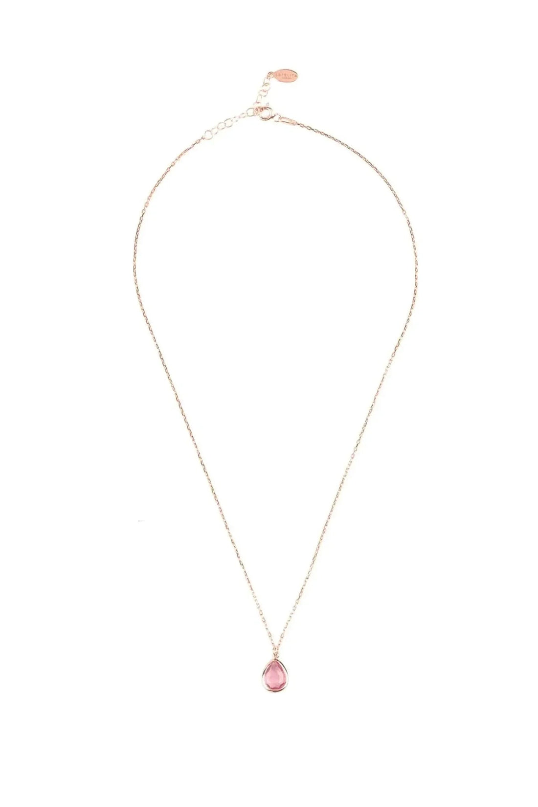 Rose gold teardrop pendant necklace with pink stone and fine chain