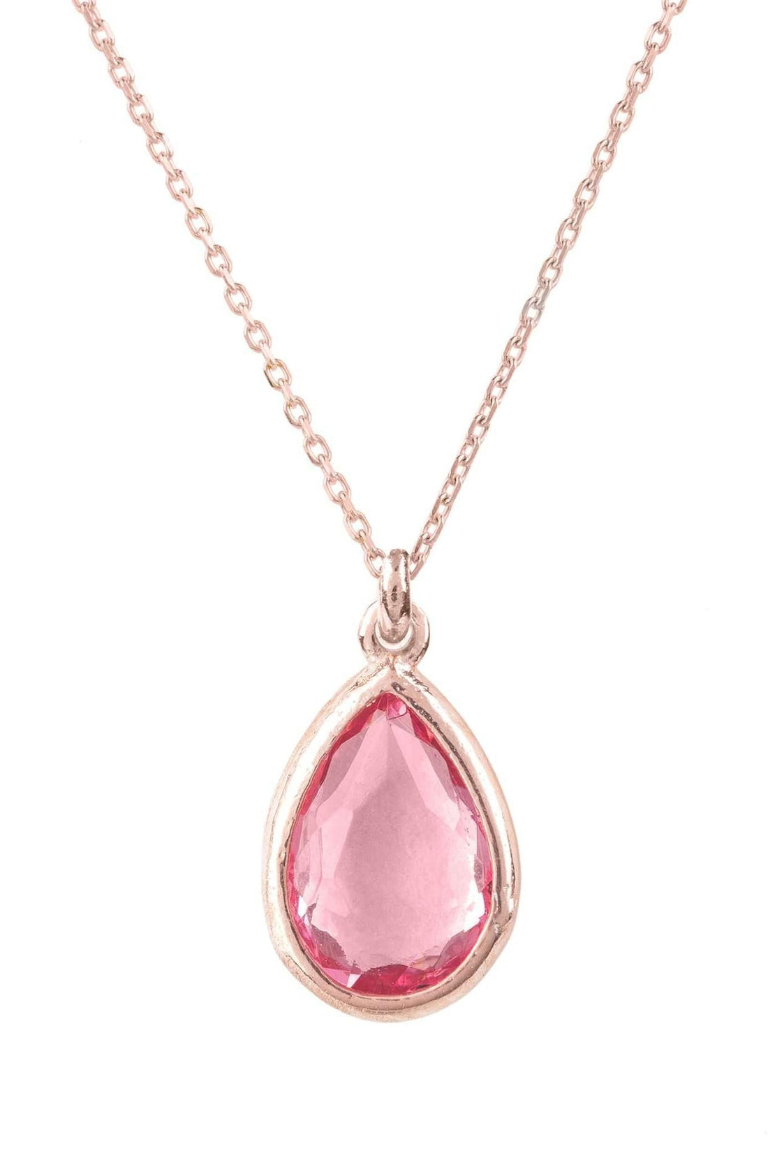 Rose gold mini teardrop pendant necklace with pink tourmaline on chain