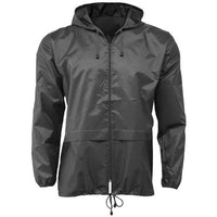 Charcoal packaway cagoule with hood, front zip, two pockets and drawcord hem