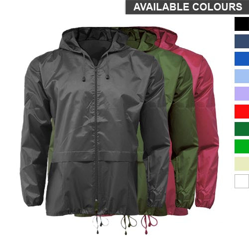 Packaway cagoules in charcoal, olive and cherry with hoods, front zips and two pockets