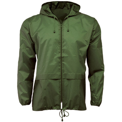 Olive packaway cagoule with hood, front zip, two pockets and drawcord hem