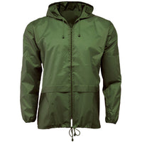 Olive packaway cagoule with hood, front zip, two pockets and drawcord hem