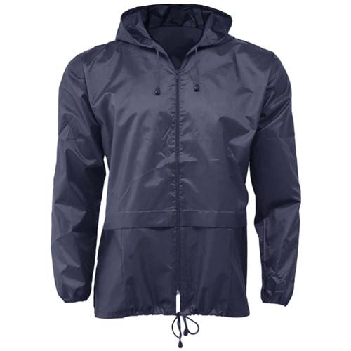 Navy packaway cagoule with hood, front zip, two pockets and drawcord hem