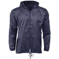 Navy packaway cagoule with hood, front zip, two pockets and drawcord hem