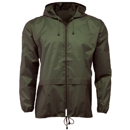 Dark olive packaway cagoule with hood, front zip, two pockets and drawcord hem