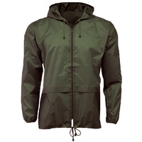 Dark olive packaway cagoule with hood, front zip, two pockets and drawcord hem