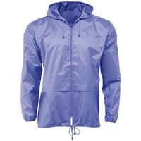Purple packaway cagoule with hood, front zip, two pockets and drawcord hem