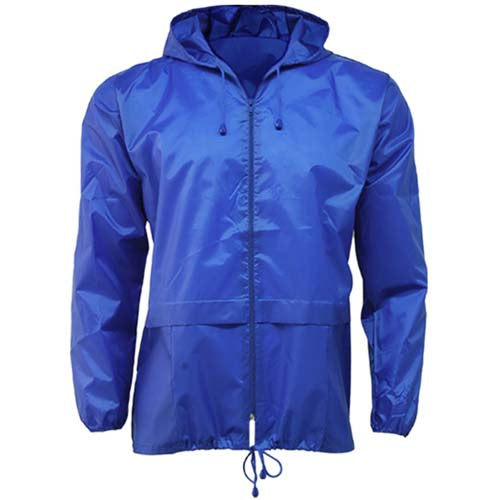 Royal blue packaway cagoule with hood, front zip, two pockets and drawstring hem