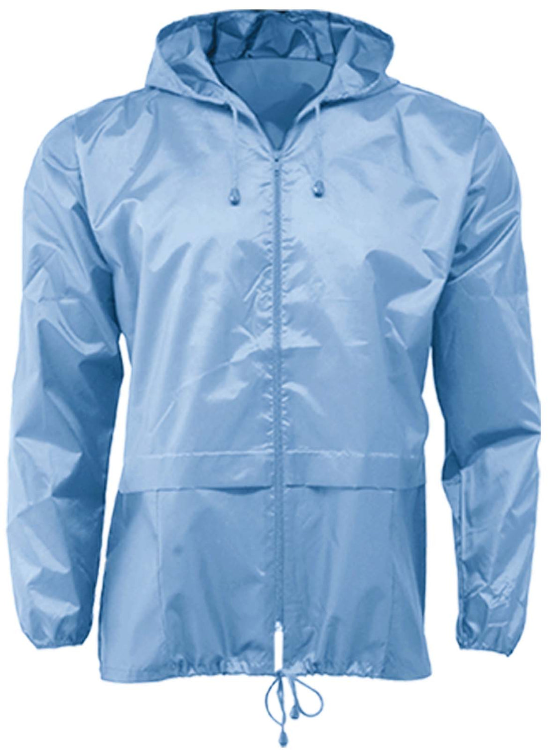 Light blue packaway cagoule with hood, front zip, two pockets and drawcord hem
