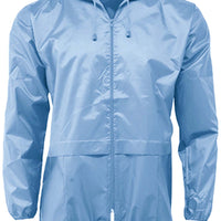 Light blue packaway cagoule with hood, front zip, two pockets and drawcord hem