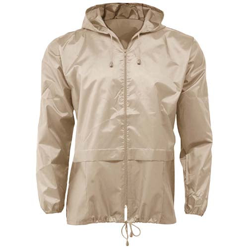 Stone packaway cagoule with hood, front zip, two pockets and drawcord hem