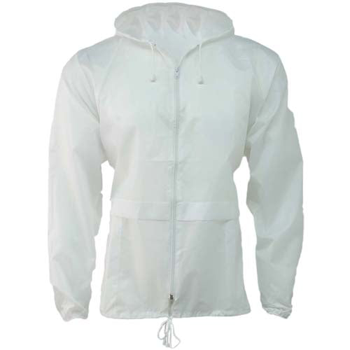 White packaway cagoule with hood, front zip, two pockets and drawcord hem