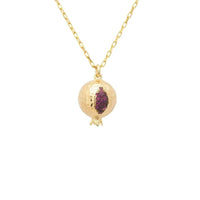 Gold-tone chain necklace with pomegranate charm pendant in purple and pink enamel