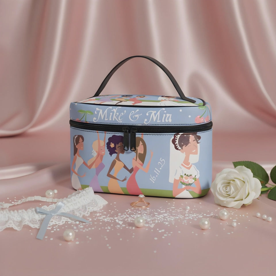 Bridesmaid Gift Makeup Bag, Custom Blue Bride Cosmetic Case, Wedding Shower Idea PU Leather