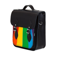 Black leather city backpack with rainbow Pride front, side view, flap straps and silver buckles