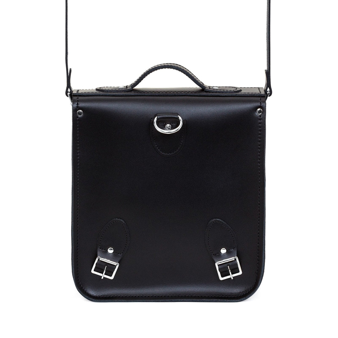 Black leather city backpack, front view with top handle and two front buckled straps