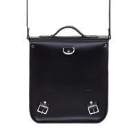 Black leather city backpack, front view with top handle and two front buckled straps