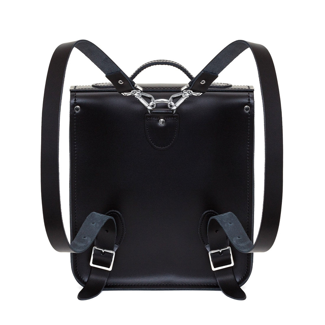 Black leather city backpack with rainbow Pride pocket, back view with adjustable shoulder straps