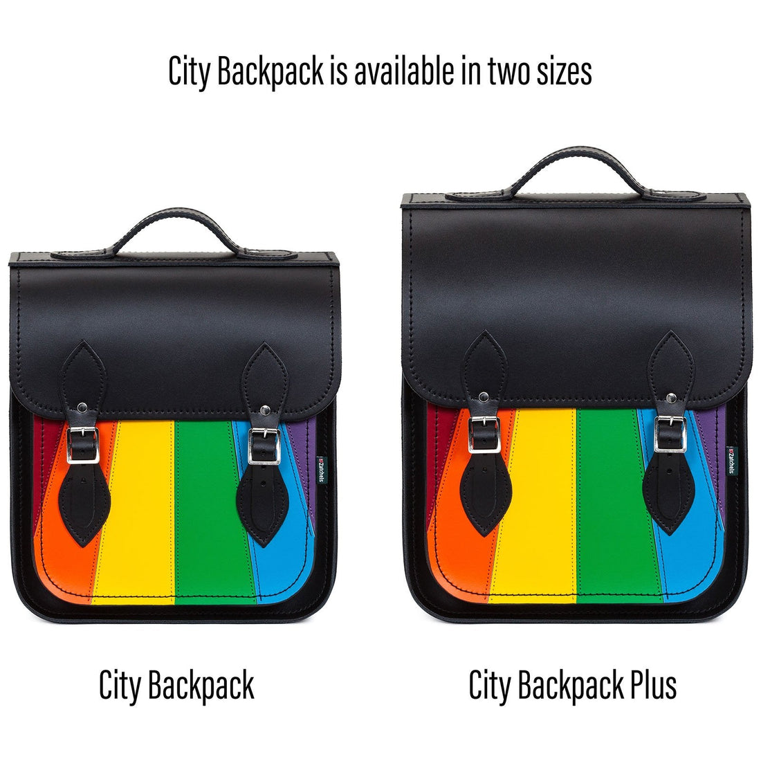 Black leather city backpack set in two sizes, rainbow Pride front panels on flaps
