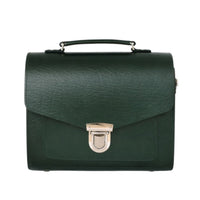 Dark green leather briefcase with front flap and silver-tone buckle clasp
