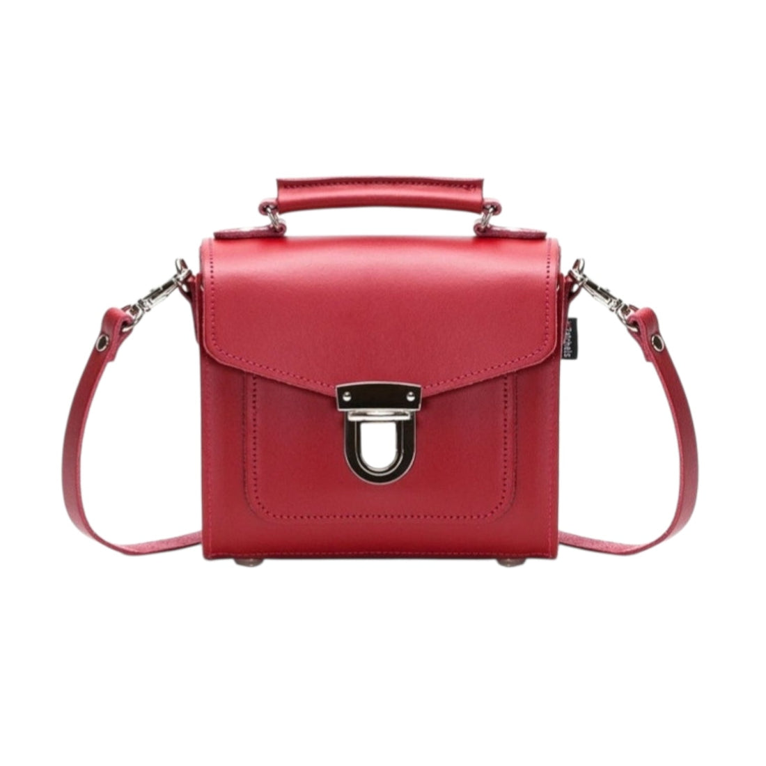 Red leather sugarcube handbag with front flap and silver buckle, top handle, crossbody straps