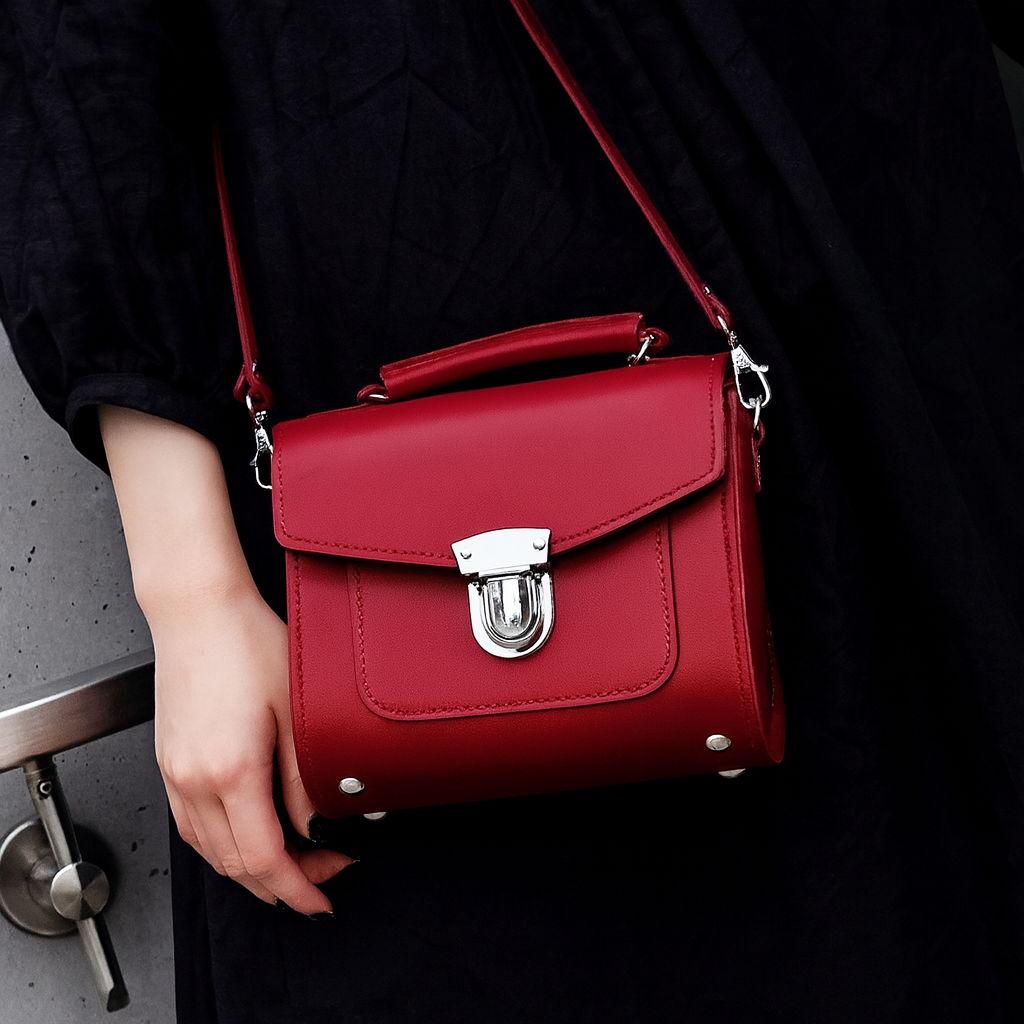 Red leather crossbody handbag with flap closure and silver clasp, adjustable strap