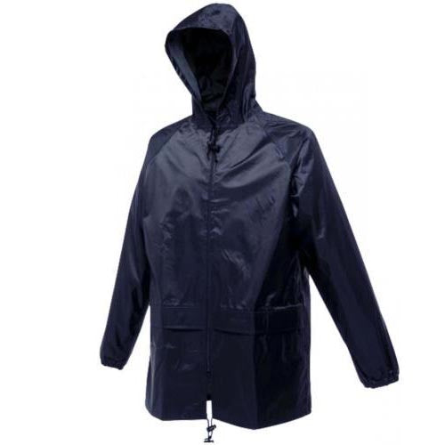 Navy waterproof jacket with attached hood, full-length front zipper, pockets and adjustable hem
