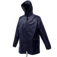 Navy waterproof jacket with attached hood, full-length front zipper, pockets and adjustable hem