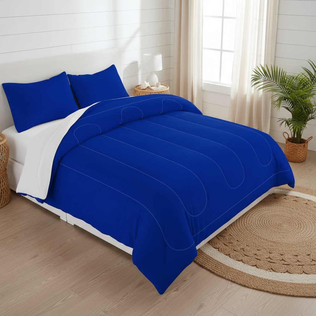 Royal-blue comforter set with quilted curved design, blue pillows, and white sheet accents