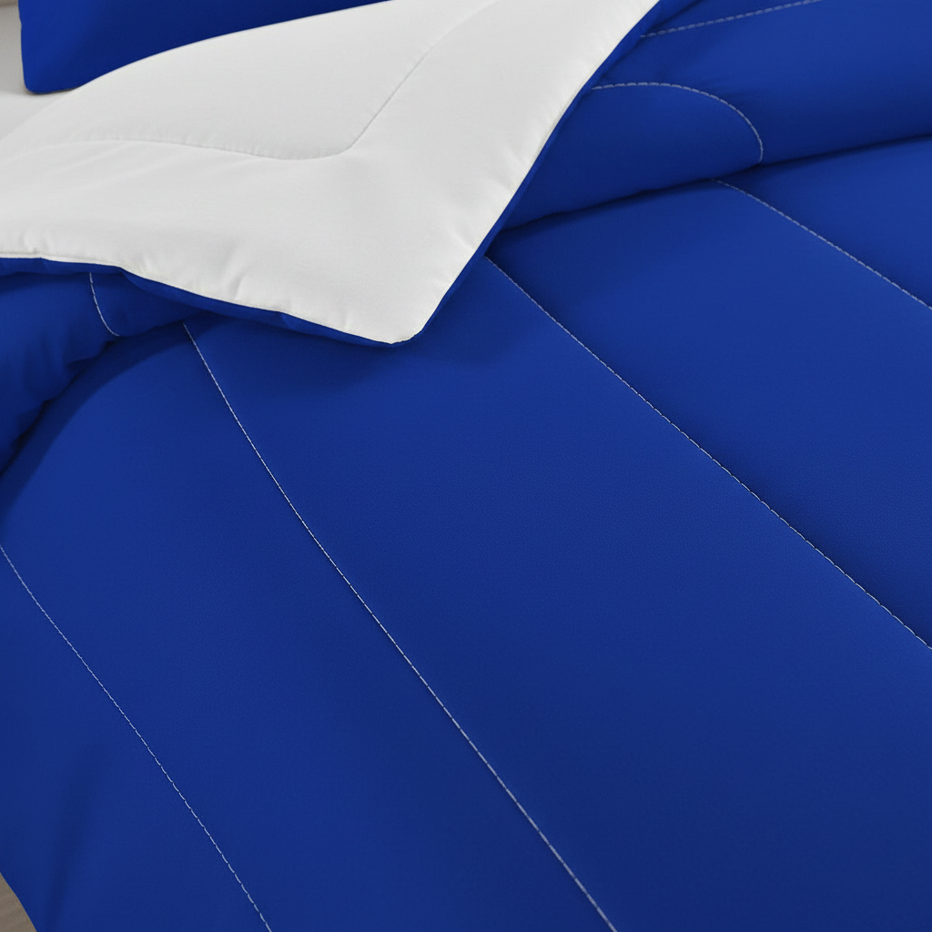 Royal-blue comforter panel with curved quilting lines and double-stitched seams