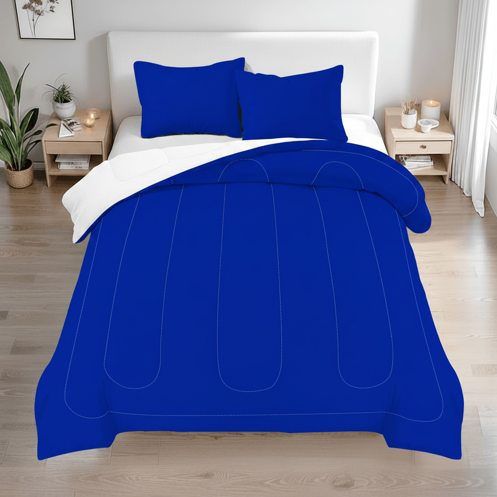 Queen comforter set in royal blue with curved stitching comforter and two matching blue pillows