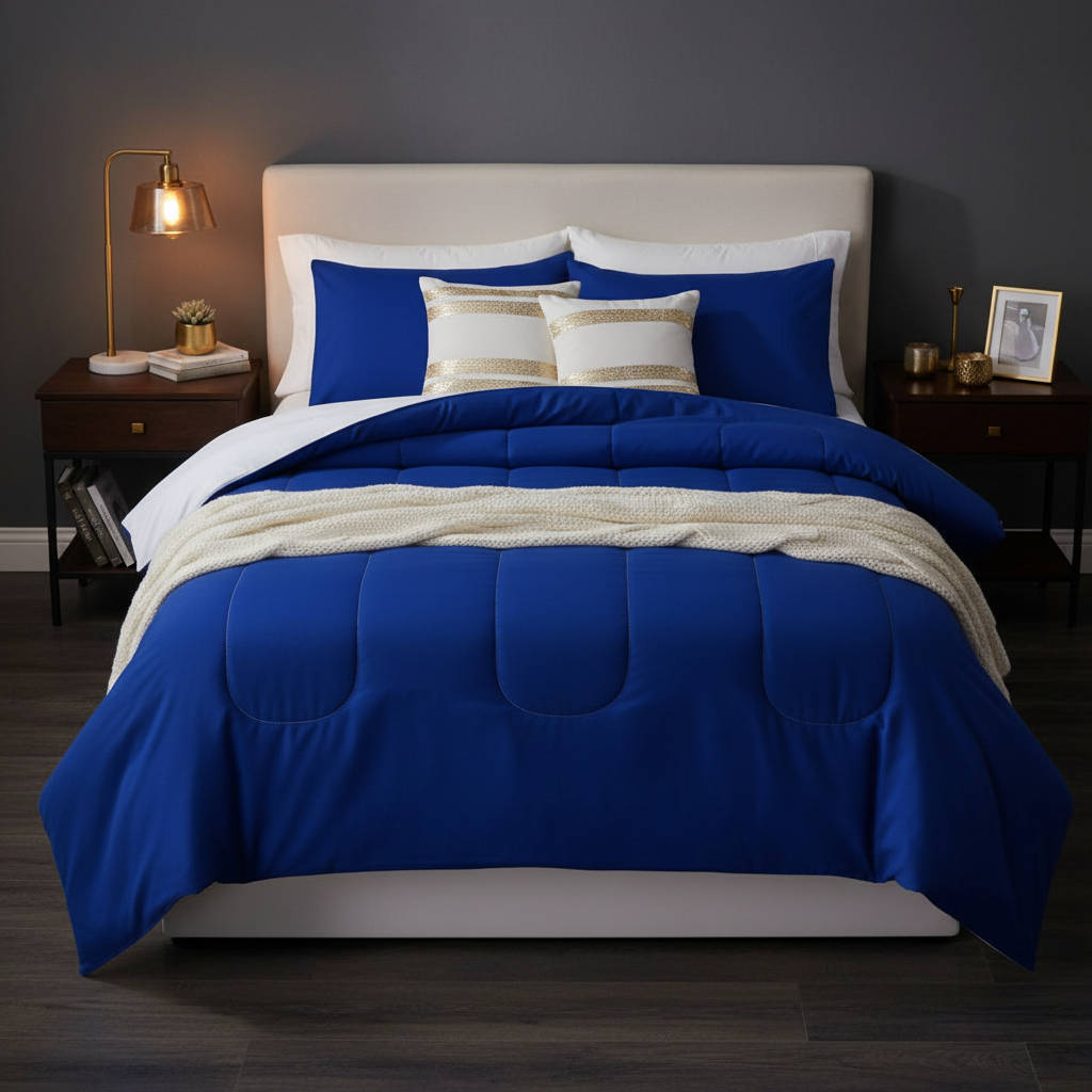 Queen comforter set with royal-blue quilted cover, curved stitching, and blue-and-white pillows