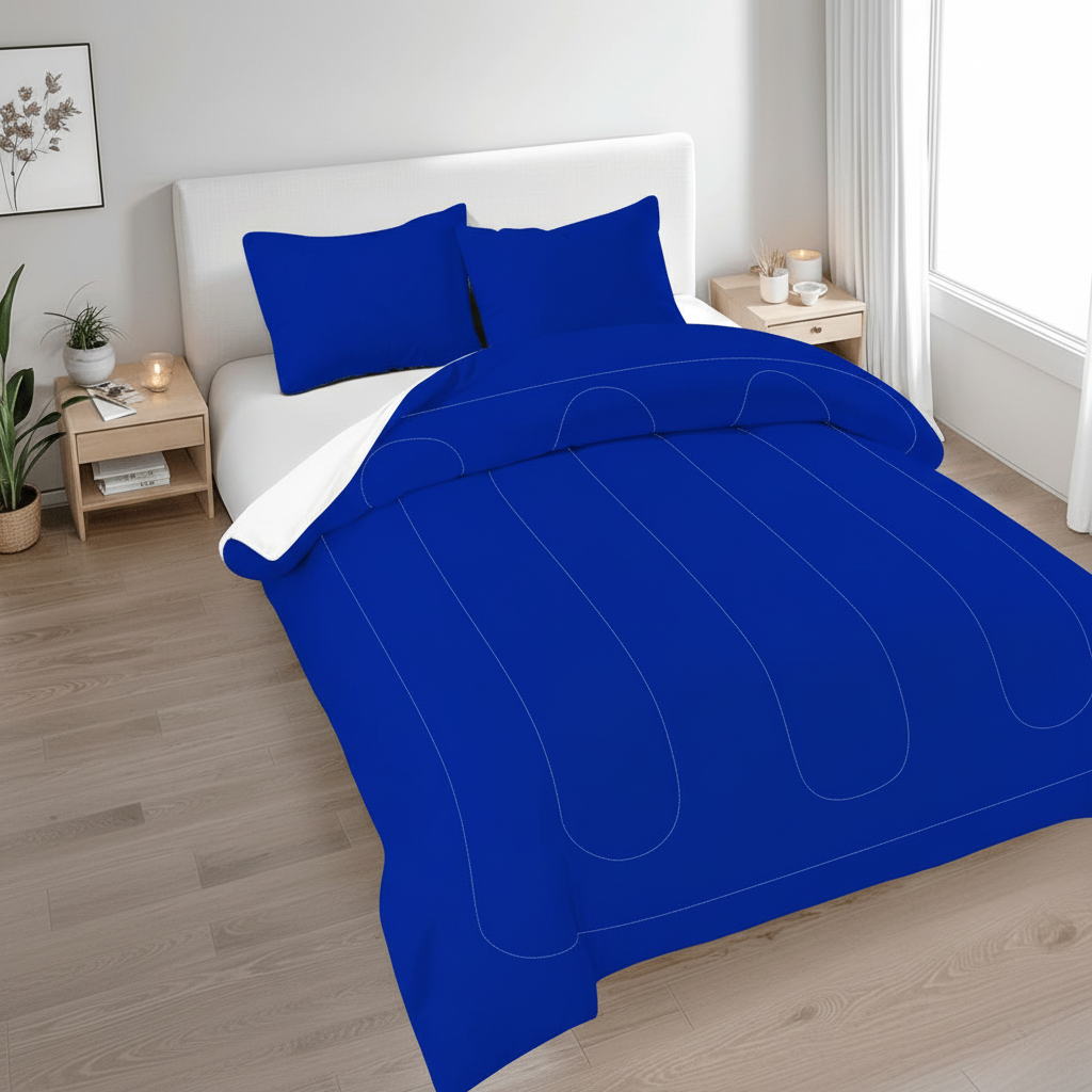 Queen comforter set with royal-blue quilted comforter, curved stitching, and two blue pillows