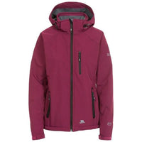 Burgundy women's softshell jacket with hood, front zip, and three zip pockets