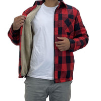 Open red plaid work shirt reveals its cream sherpa fleece lining.