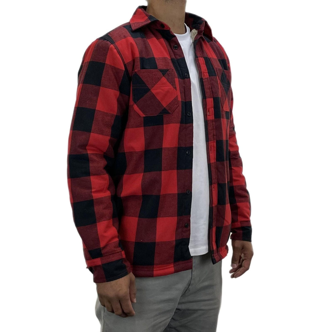 Red and navy plaid work shirt with button front and flap chest pockets, shown at an angle.